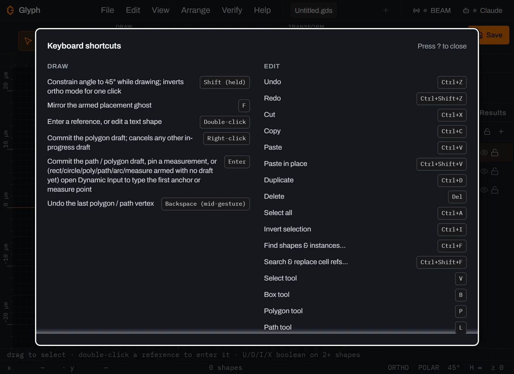 Glyph's full keyboard-shortcuts cheat sheet overlay, showing two columns of grouped shortcut lists including Tools, Draw, Edit and View, each row pairing a key chip with its command.