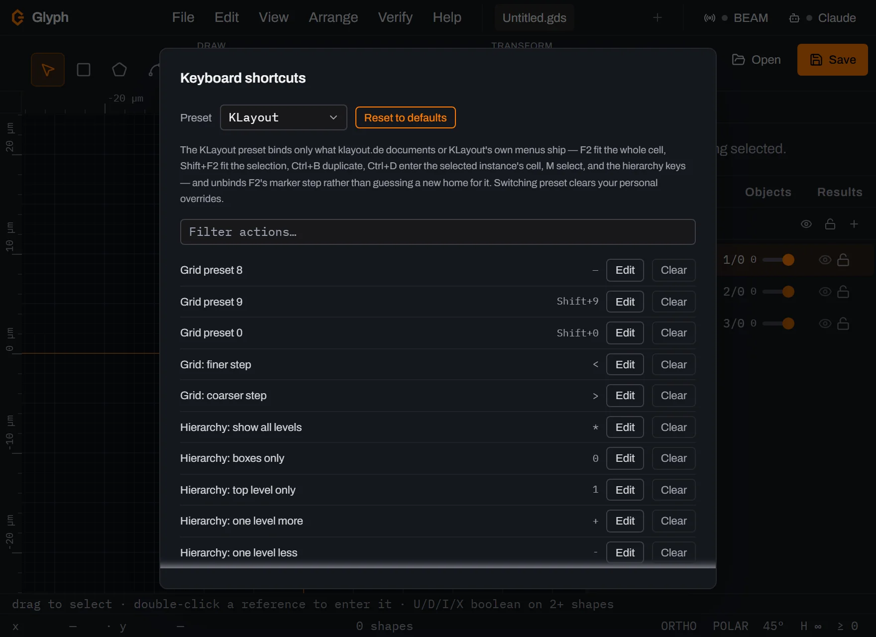 The same Keyboard shortcuts dialog scrolled down to show five consecutive View rows: Hierarchy show all levels bound to asterisk, boxes only to 0, top level only to 1, one level more to plus, and one level less to minus.