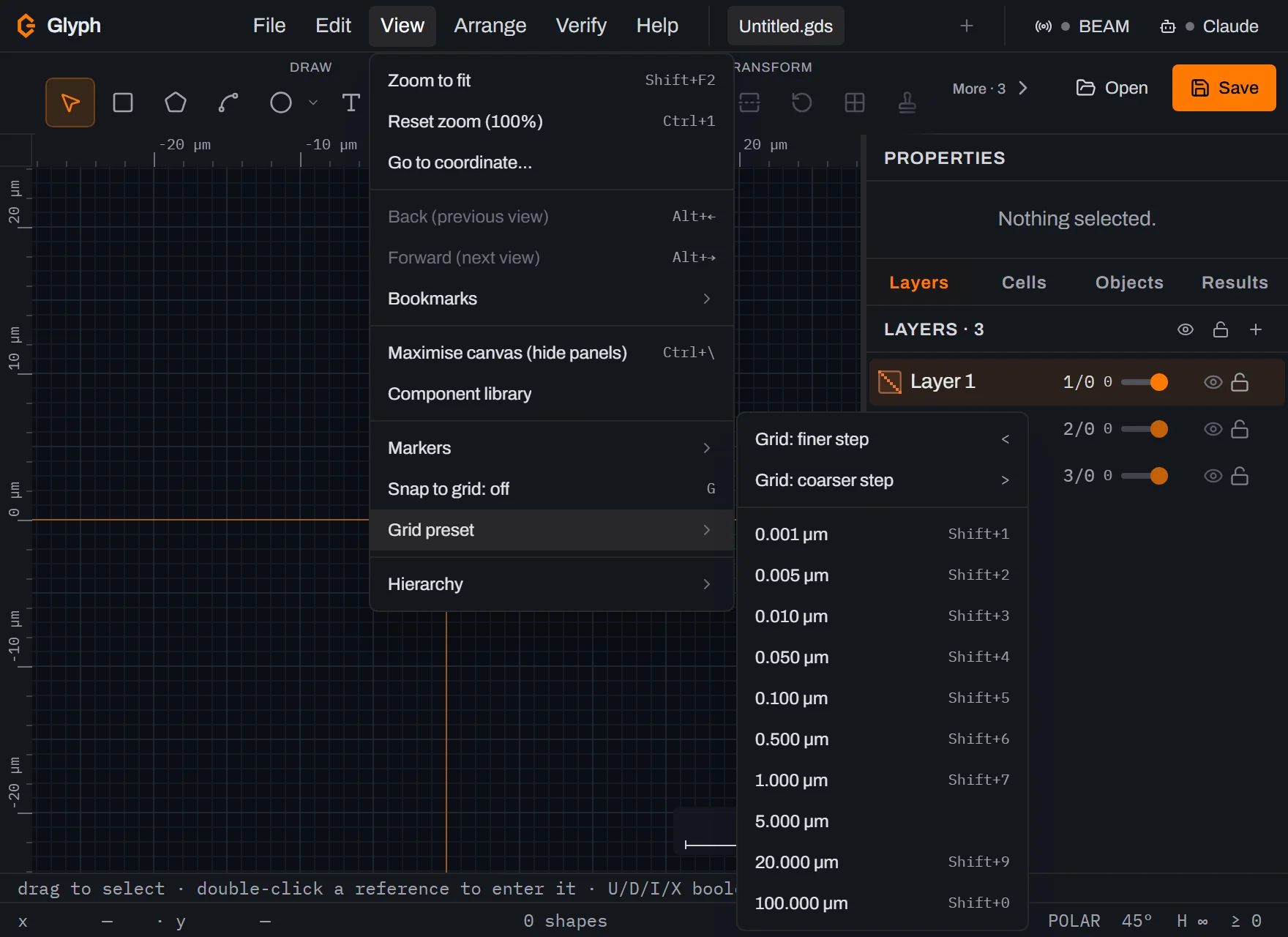 Glyph's View menu with Grid preset hovered, opening a flyout submenu that starts with Grid: finer step and Grid: coarser step, then ten rows pairing a step value in micrometres — from 0.001 to 100.000 — with its Shift+1 through Shift+0 key except 5.000, which has none under the KLayout preset, and the Snap to grid row above it reading off.