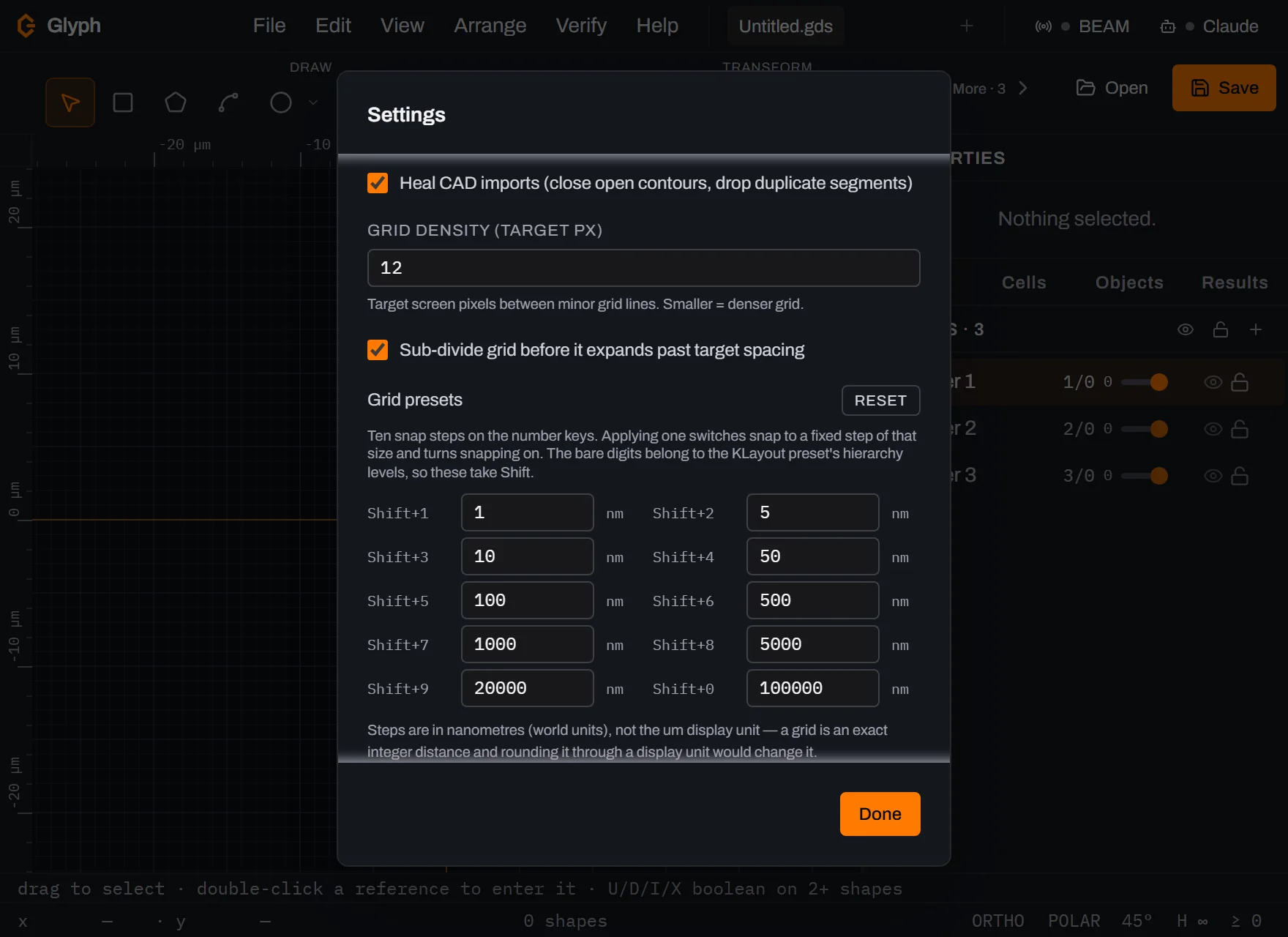 Glyph's Settings dialog titled Settings, with the Advanced section expanded showing an Ask-before-Claude-overwrites checkbox, a Heal-CAD-imports checkbox, Grid density, a Sub-divide checkbox, then the Grid presets section: a Reset button, an explanatory note, and ten labelled Shift+1 through Shift+0 number fields showing 1, 5, 10, 50, 100, 500, 1000, 5000, 20000 and 100000 nanometres, with Hierarchy depth visible below it.