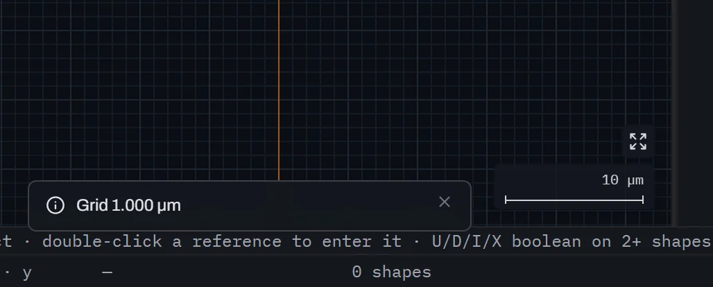Glyph's canvas corner showing grid lines, the right-hand panel edge and the status bar for location context, with the scale bar reading 10 micrometres above its ruler and a toast reading Grid 1.000 micrometres beside it.